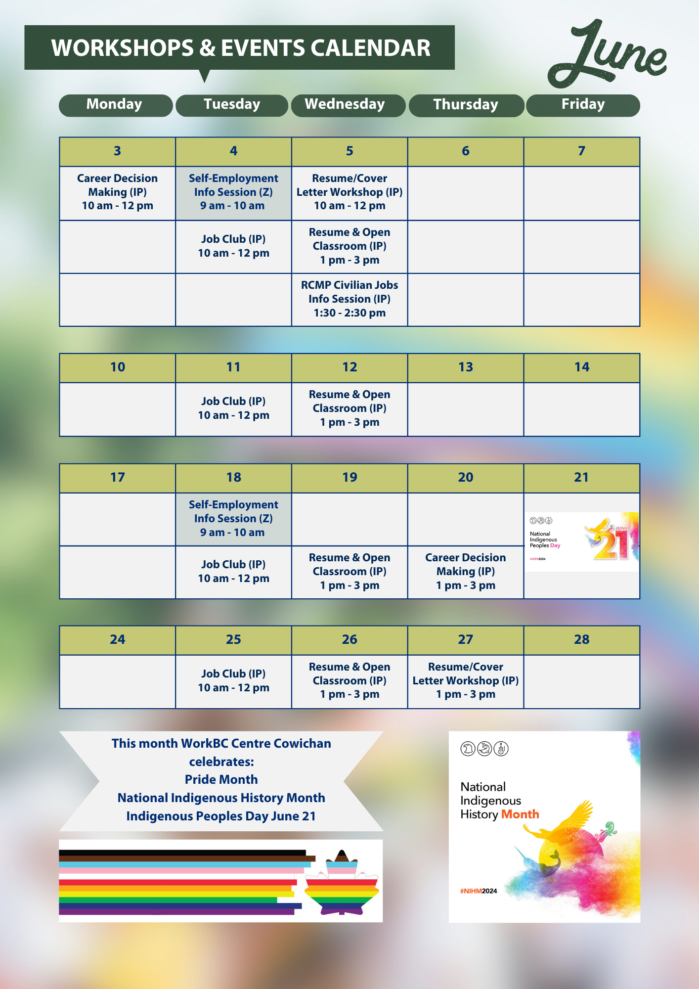 Calendar for workshops in January